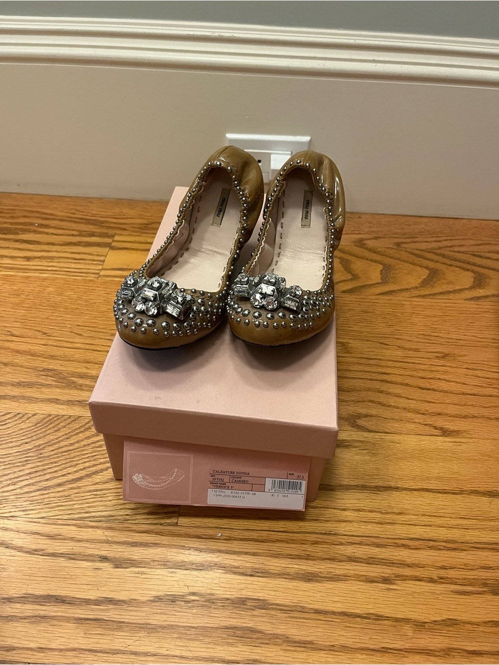 MIU MIU Embellished Brown Leather Ballet Flats with Crystal Accents WITH BOX